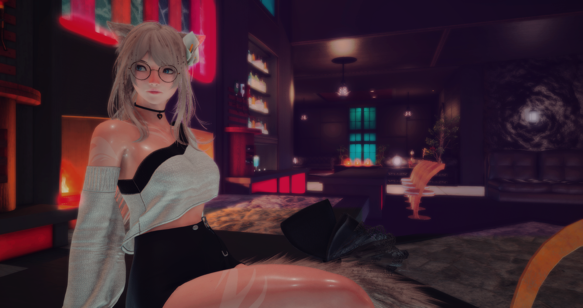 Anna's FFXIV character sitting in a warm lounge interior.