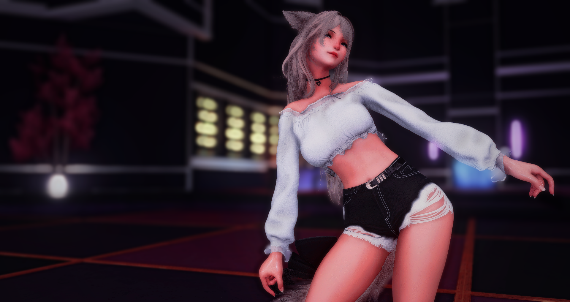 Anna's FFXIV character posing in a nightlife-inspired setting.
